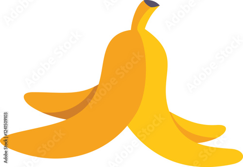 Cartoon illustration of a yellow banana peel lying open on the floor after someone ate the fruit
