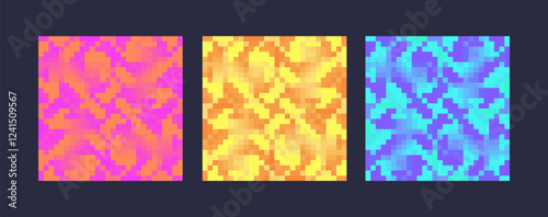 Pixel abstract seamless pattern. Colorful smooth twisted print. Cyber Tie-dye in Retro Futuristic style. Digital Gradients for background. Geometric grange print. Vector illustration liquid texture