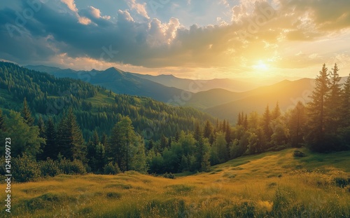 Beautiful sunset over mountains with lush greenery in a serene landscape