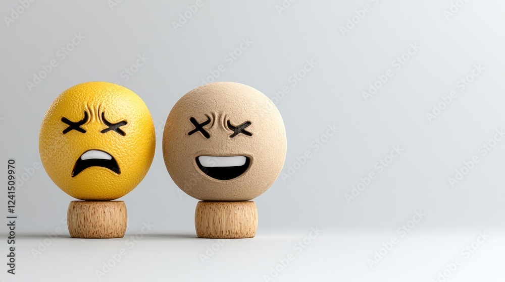 Fototapeta premium Sad and happy emoticon spheres, studio background, 3D render, website design