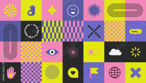 Trendy stickers Y2k in bento grid. Checker board print Retro elements. Flat design. Bright colors and funky typography. Contrasting colors, zine aesthetic. Vectored shapes. Horizontal composition