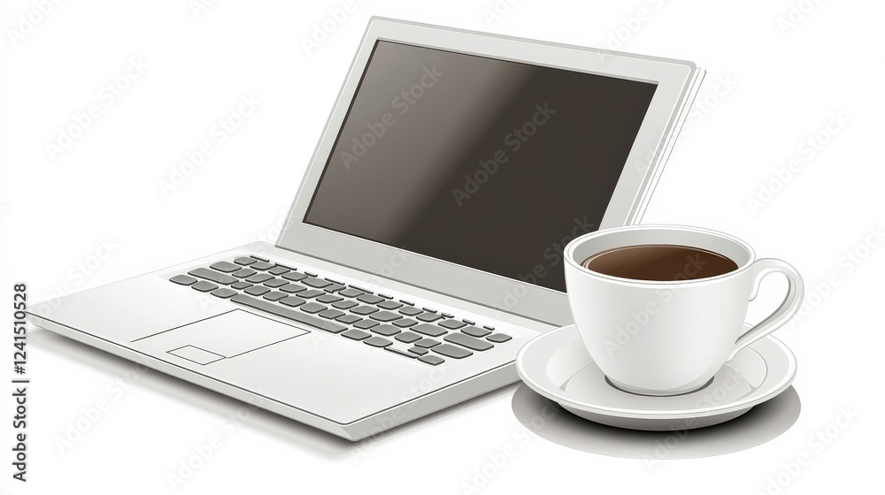 Modern workspace featuring a laptop and a coffee cup on a saucer, symbolizing productivity Modern workspace featuring a laptop and a coffee cup on a saucer, symbolizing productivity