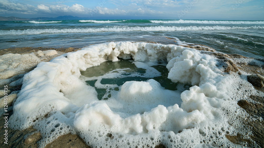 Wastewater, A high-fidelity image of a large wastewater pond, featuring foam and bubbles, ideal for environmental or industrial use in stock imagery. Wastewater, A high-fidelity image of a large wastewater pond, featuring foam and bubbles, ideal for environmental or industrial use in stock imagery.