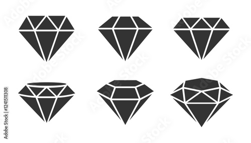 Set of diamonds in flat style. Abstract black diamond gemstone collection