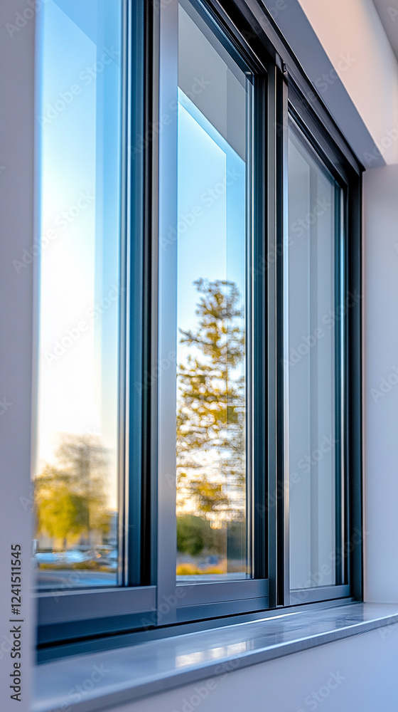 Obraz premium Stylish modern window reflecting trees and blue sky in a residential area during a sunny day