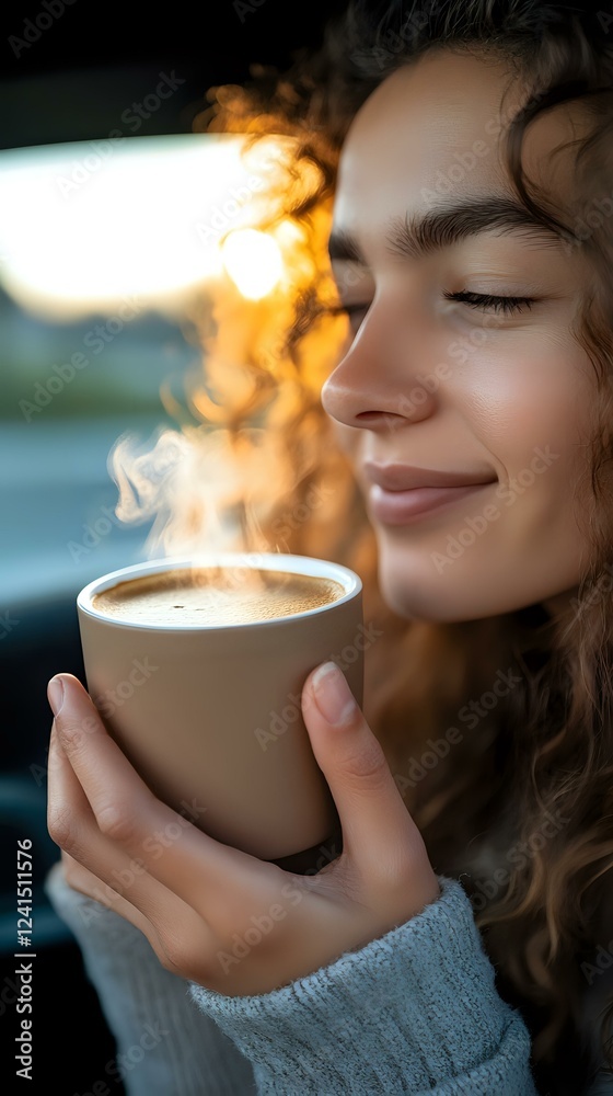 Young Mediterranean woman with curly hair enjoying aromatic coffee steam in morning sunlight wearing cozy sweater, eyes closed with peaceful smile. Young Mediterranean woman with curly hair enjoying aromatic coffee steam in morning sunlight wearing cozy sweater, eyes closed with peaceful smile.