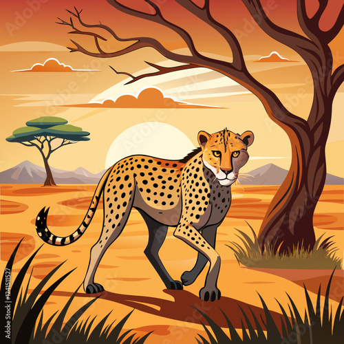 Cheetah: Its lithe body crouched low, the cheetah moves like a shadow across the savanna, stalking an unsuspecting antelope.