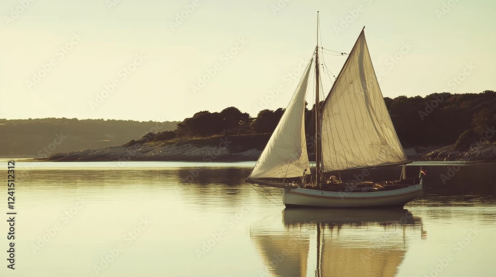 Serene Sailboat Gliding on Calm Water at Sunset in Tranquil Setting