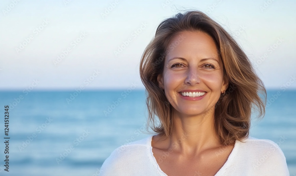 Happy woman, ocean background, summer portrait Happy woman, ocean background, summer portrait