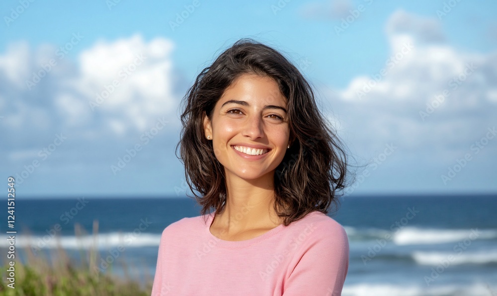 Happy woman ocean beach portrait sunny day Happy woman ocean beach portrait sunny day
