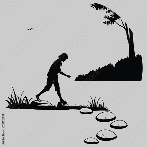 a person skipping stones on a lake silhouette vector design art and illustration