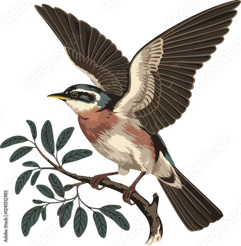 This vibrant illustration showcases a bird in mid-flight, perched gracefully on a branch. photo