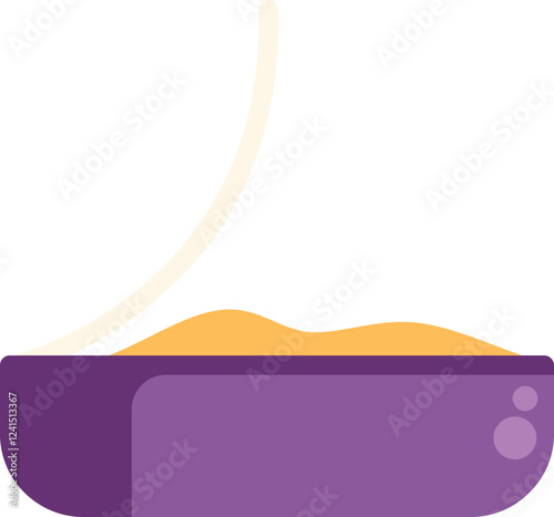 Purple litter box with sand and scoop on white background