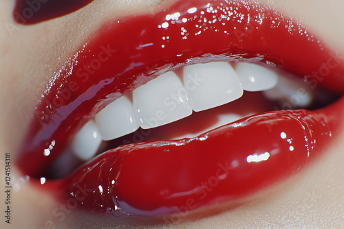 Close-up of glossy red lips and bright white teeth.