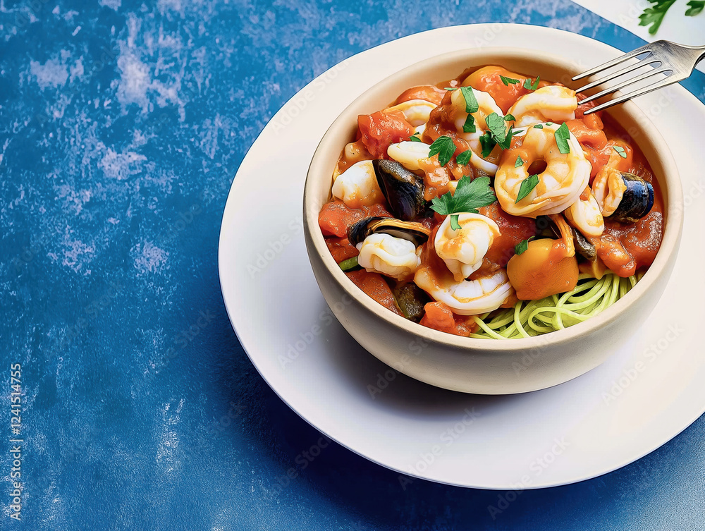 Seafood pasta with tomato sauce and fresh herbs on white plate Seafood pasta with tomato sauce and fresh herbs on white plate