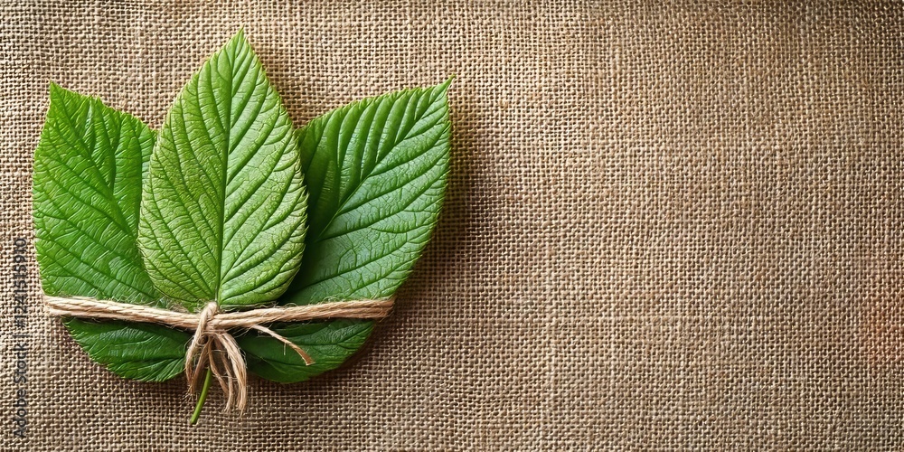 Three fresh raspberry leaves tied with twine on a burlap background Three fresh raspberry leaves tied with twine on a burlap background