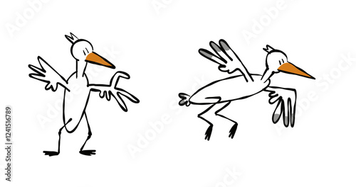 Lustiger Comic Vogel, Storch in verschiedenen Posen