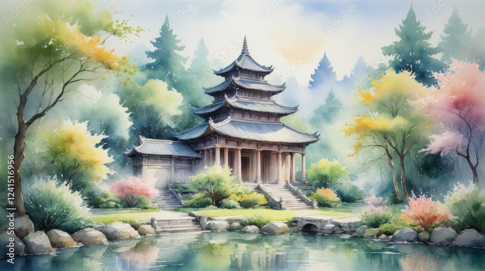 Fototapeta premium Peaceful Japanese Pagoda in Blooming Garden Reflected in Still Water
