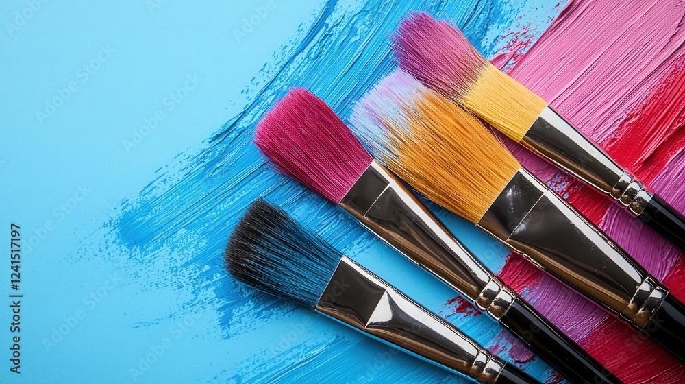 Fototapeta premium Creative painting techniques art studio visual content colorful brushes close-up artistic exploration
