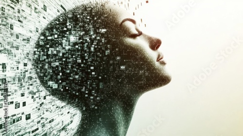 An avant-garde digital artwork depicting a human profile dissolving into a matrix of abstract digital elements, highlighting the synergy between humanity and technology. photo