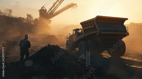 Construction worker observing a dump truck in a dusty quarry at sunset with machinery in background