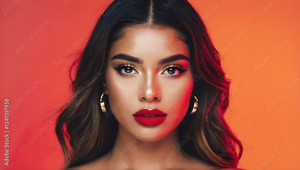 Fototapeta premium Bold portrait of Latina woman with glowing skin, deep red lips, and dramatic makeup, framed by wavy brown hair and golden hoop earrings against a orange gradient. Image made using Generative AI.