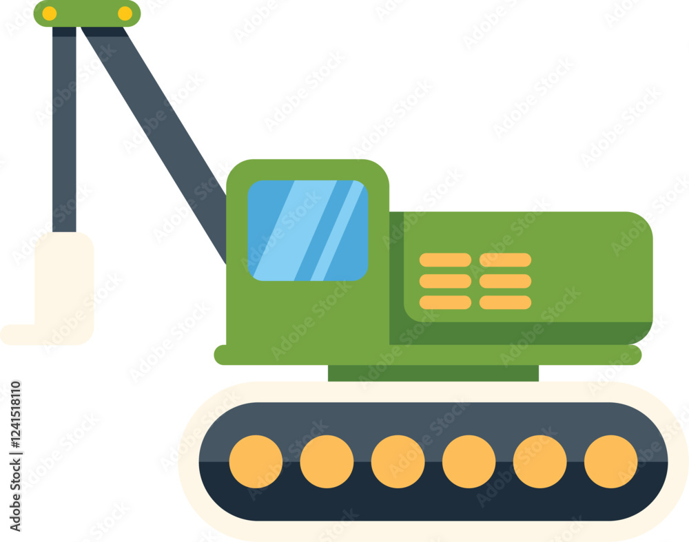 Green excavator digging with its bucket on a construction site, colorful illustration in flat design Green excavator digging with its bucket on a construction site, colorful illustration in flat design