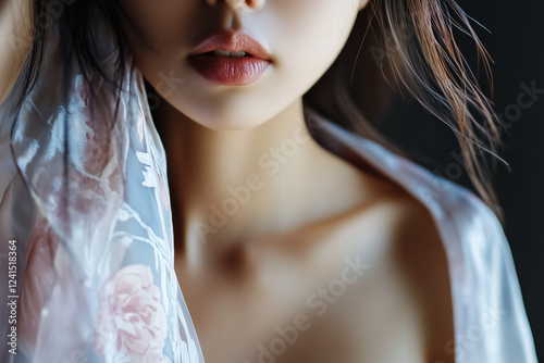 Close-up of a woman's face and neck, draped in sheer fabric.