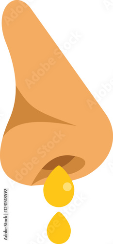Cartoon human nose with yellow liquid dripping representing a runny nose, ideal for health and medical topics