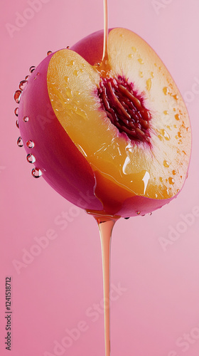 Sliced peach drizzled with honey against a pink backdrop highlighting freshness and natural sweetness photo