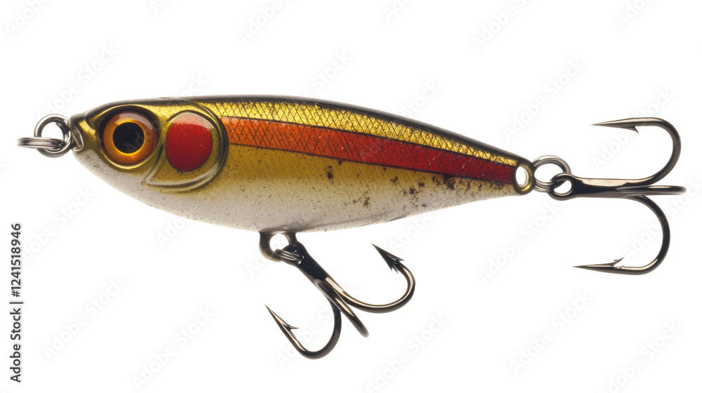 Detailed fishing lure featuring vibrant colors and dual hooks Detailed fishing lure featuring vibrant colors and dual hooks