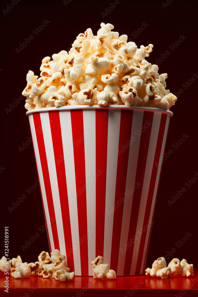 Classic movie theater popcorn in a striped container on a black background Classic movie theater popcorn in a striped container on a black background