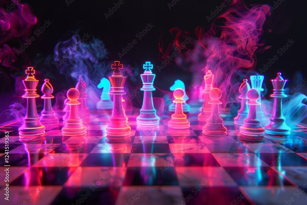 Glass chess pieces are standing on a chessboard with neon pink and blue lights reflecting on the surface, creating a futuristic and strategic atmosphere Glass chess pieces are standing on a chessboard with neon pink and blue lights reflecting on the surface, creating a futuristic and strategic atmosphere