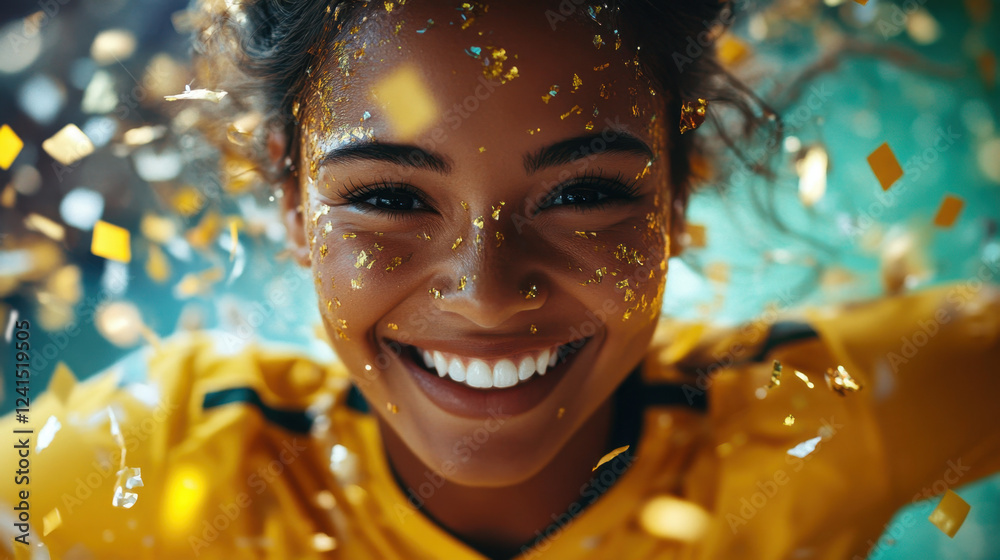 A woman soccer player joyfully celebrates with a big smile while surrounded by sparkling confetti, capturing the excitement of her triumph A woman soccer player joyfully celebrates with a big smile while surrounded by sparkling confetti, capturing the excitement of her triumph