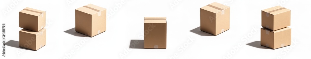 Cardboard boxes arrangement studio shot, white background, packaging concept