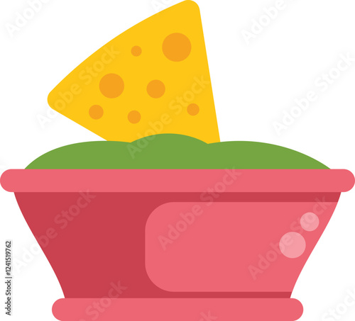 Vector illustration of a pink bowl filled with guacamole and a nacho being dipped in it