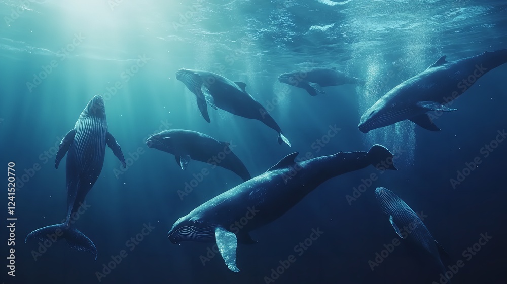Majestic Whales Swimming in the Deep Blue Ocean Majestic Whales Swimming in the Deep Blue Ocean