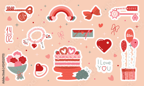 Valentine s Day coquette hand-drawn stickers Set. Bows,bracelet, heart, cake, ring,bouquet of roses, keys,rainbow. Invitation, wedding, birthday, anniversary. Vintage elegant vector illustration
