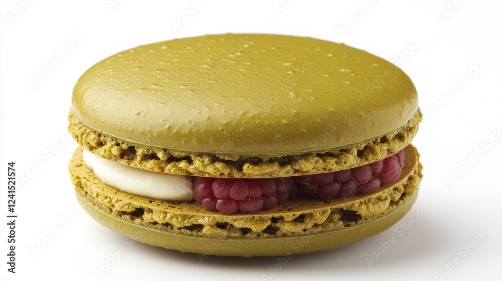 Green Macaron with Raspberry Filling on Clean White Background Green Macaron with Raspberry Filling on Clean White Background