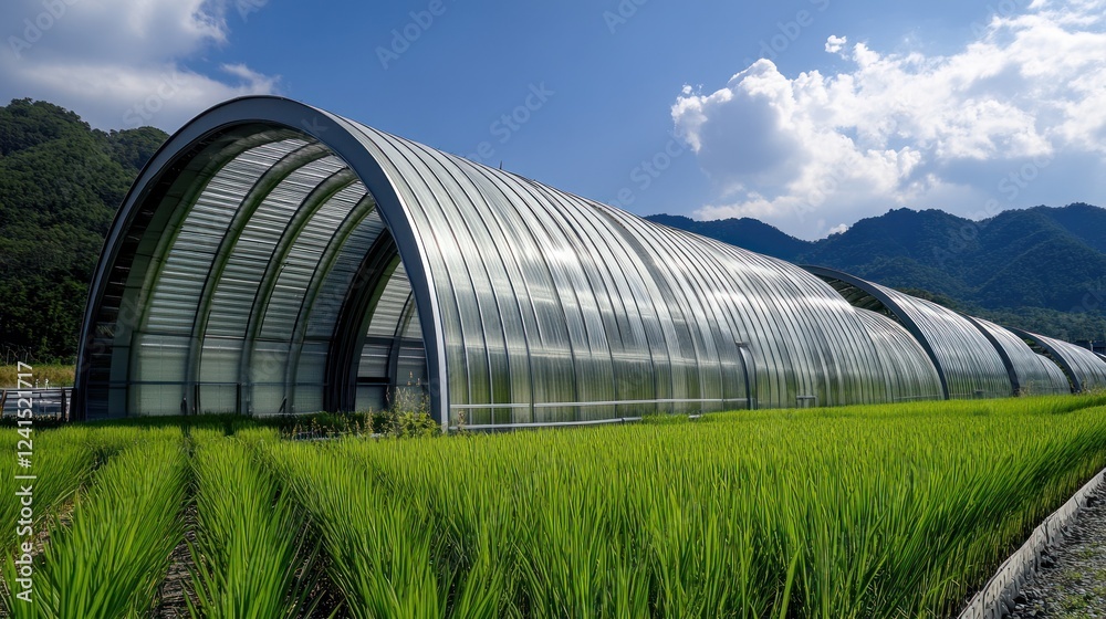 Modern Agricultural Greenhouse in Rural Landscape Modern Agricultural Greenhouse in Rural Landscape