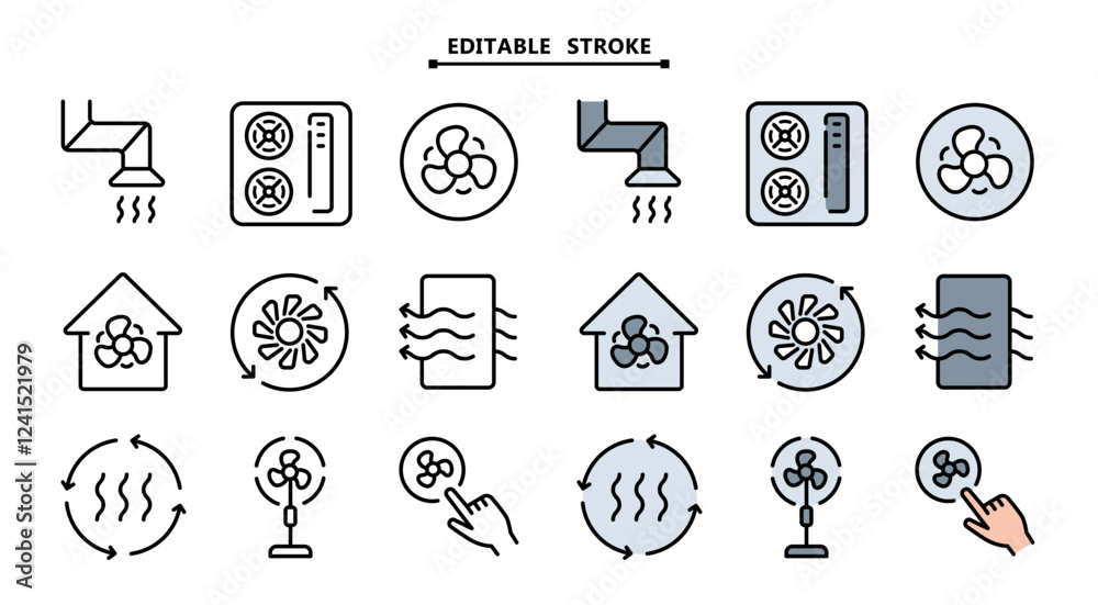 Home ventilation system vector icons set. Editable stroke. Ventilation color icons collection. Includes air conditioner, air dryer, air duct, cooling fan, exhaust fan, and More. Home ventilation system vector icons set. Editable stroke. Ventilation color icons collection. Includes air conditioner, air dryer, air duct, cooling fan, exhaust fan, and More.