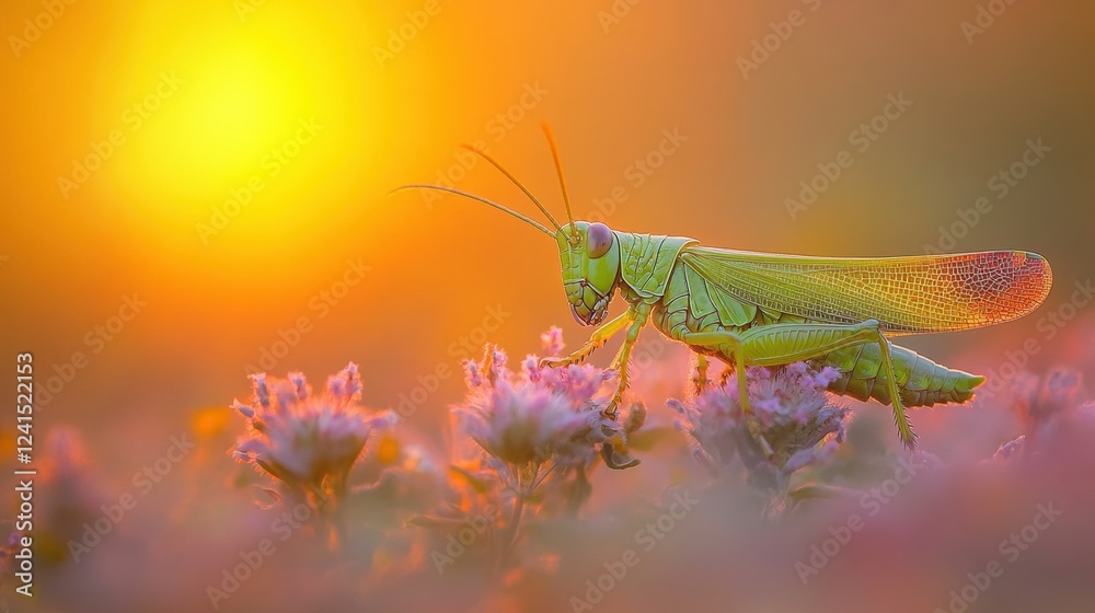 Vibrant Green Grasshopper on Blossoming Flower at Sunset Glow Vibrant Green Grasshopper on Blossoming Flower at Sunset Glow