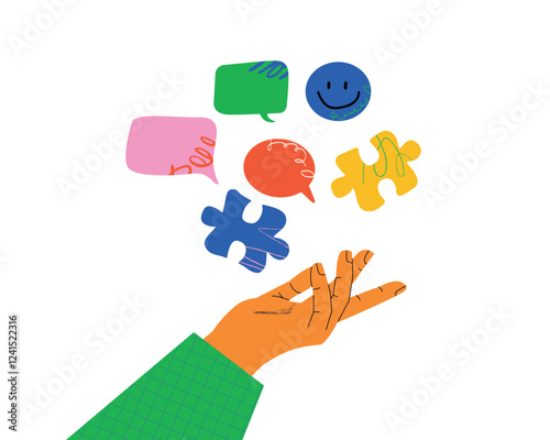 A minimalistic illustration with a hand holding colorful puzzle pieces, a metaphor for the search for ideas, solutions, brainstorming.