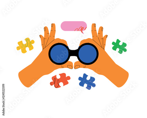 A vibrant illustration featuring a pair of hands holding binoculars surrounded by colorful puzzle pieces. The image symbolizes the process of searching, discovery, and exploration.