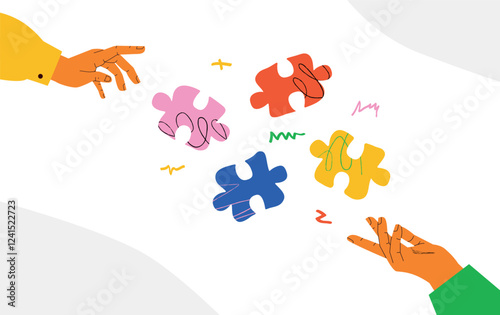 A vivid illustration with two hands reaching for each other and colorful puzzle pieces between them. A metaphor for the process of teamwork, problem solving, customer development.