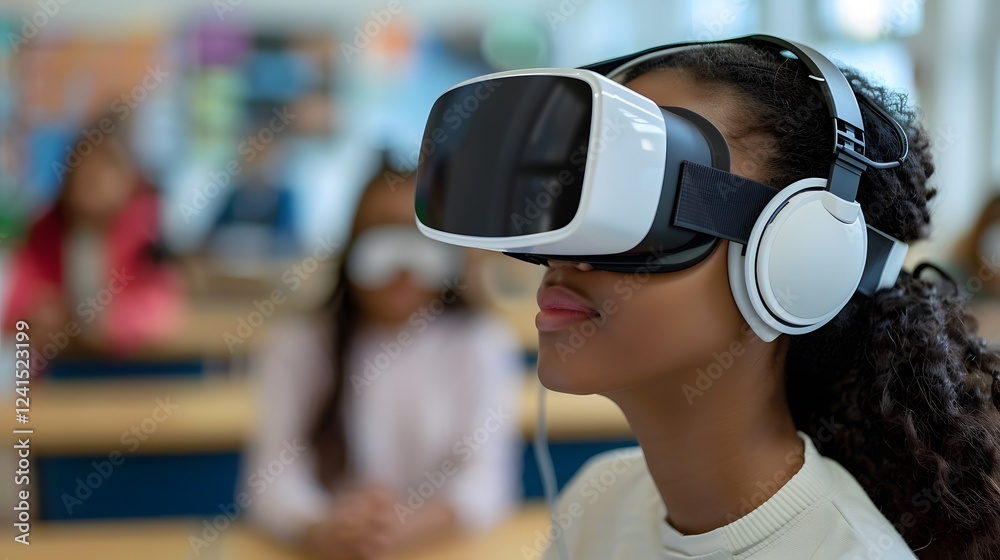Young Student Engaging in Virtual Reality Experience with Headset and Headphones in Modern Classroom Setting, Focused on Immersive Learning Technology Young Student Engaging in Virtual Reality Experience with Headset and Headphones in Modern Classroom Setting, Focused on Immersive Learning Technology