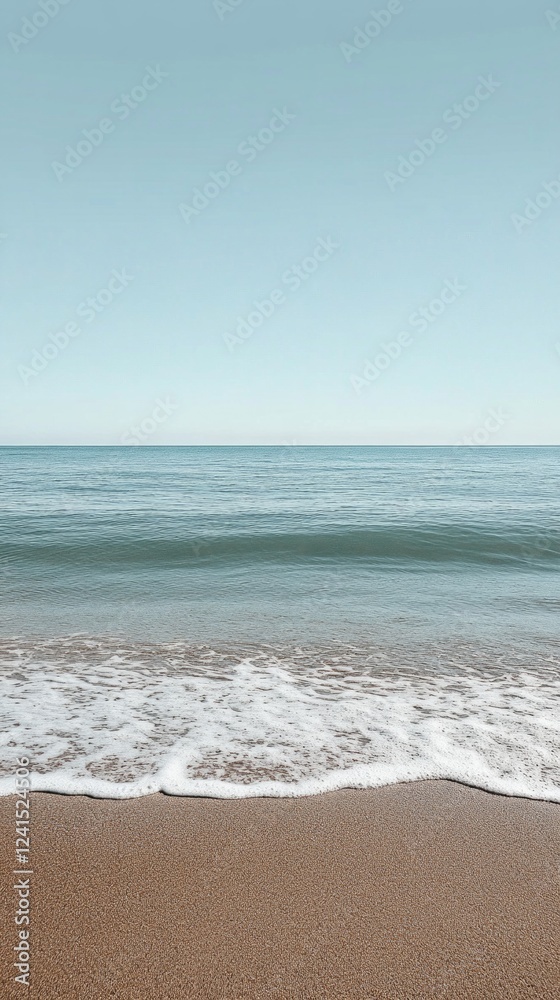 Serene ocean horizon with gentle waves meeting sandy shoreline under clear blue sky Serene ocean horizon with gentle waves meeting sandy shoreline under clear blue sky