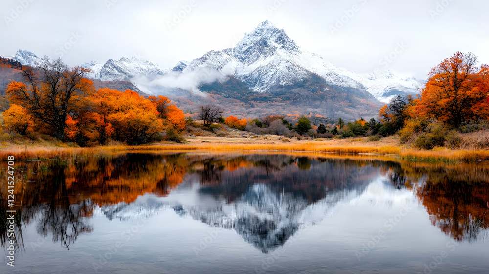 Autumnal mountain reflection in still lake Autumnal mountain reflection in still lake