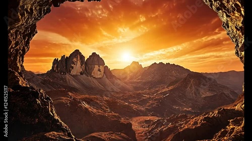 A stunning sunset view from a rocky cave overlooking mountains.