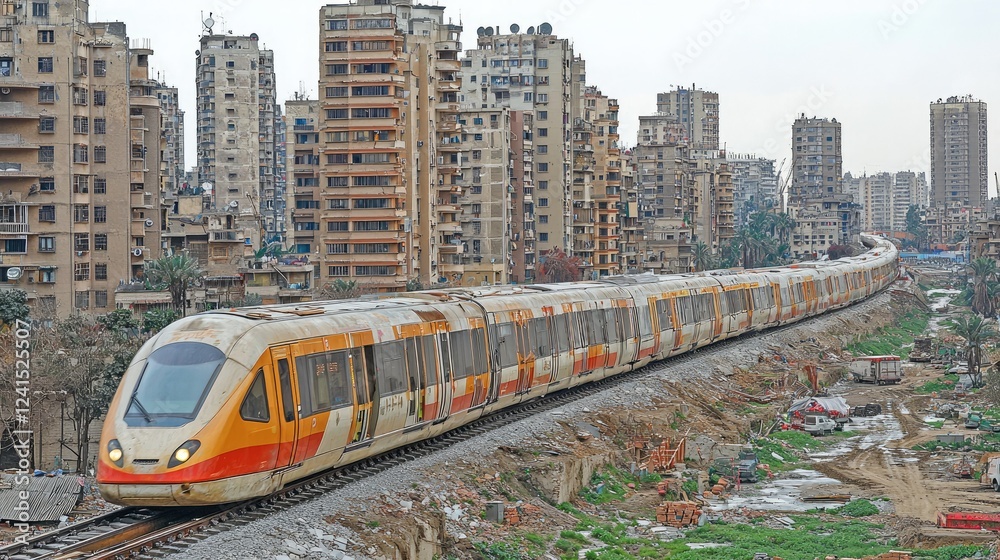 Fototapeta premium City Train Passing Urban Buildings Under Construction